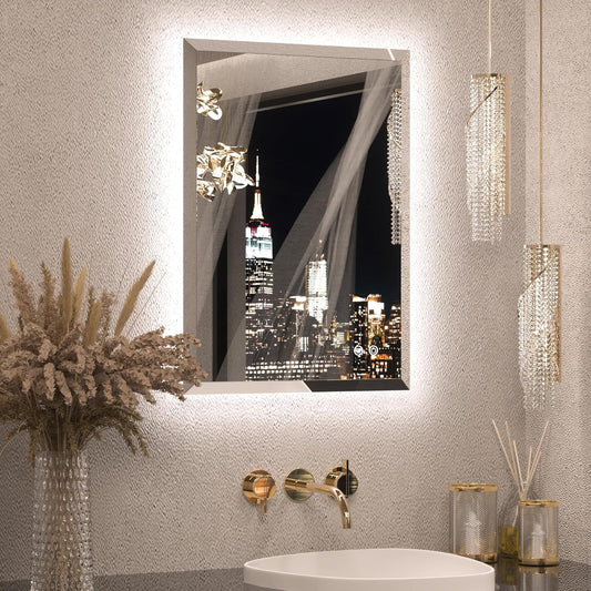 Keonjinn 20 x 28 Inch Backlit Mirror Bathroom, Frameless LED Mirror for Bathroom, Beveled Edge, HD Tempered Glass, UL-Listed LED Driver, Anti-Fog, Dimmable, Memory Function, French Cleat Installation
