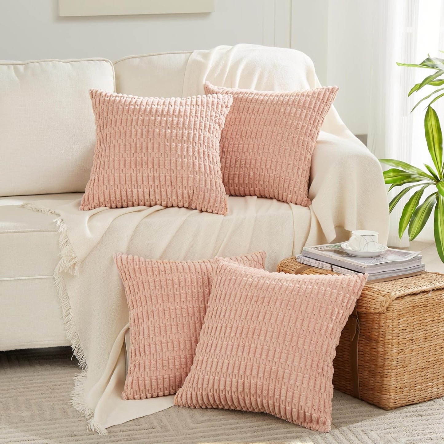 Fancy Homi 4 Packs Boho Pink Decorative Throw Pillow Covers 24x24 Inch for Living Room Couch Bed Sofa, Rustic Modern Farmhouse Home Decor, Soft Plush Corduroy Cute Square Cushion Case 60x60 cm