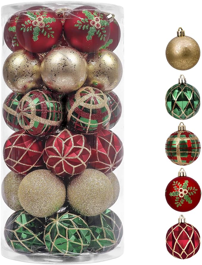 Valery Madelyn Christmas Ornaments Set, 30ct 2.36 Inches Red Green and Gold Shatterproof Christmas Tree Decorations Ball Ornaments Bulk, Traditional Country Hanging Decor for Xmas Holiday Party