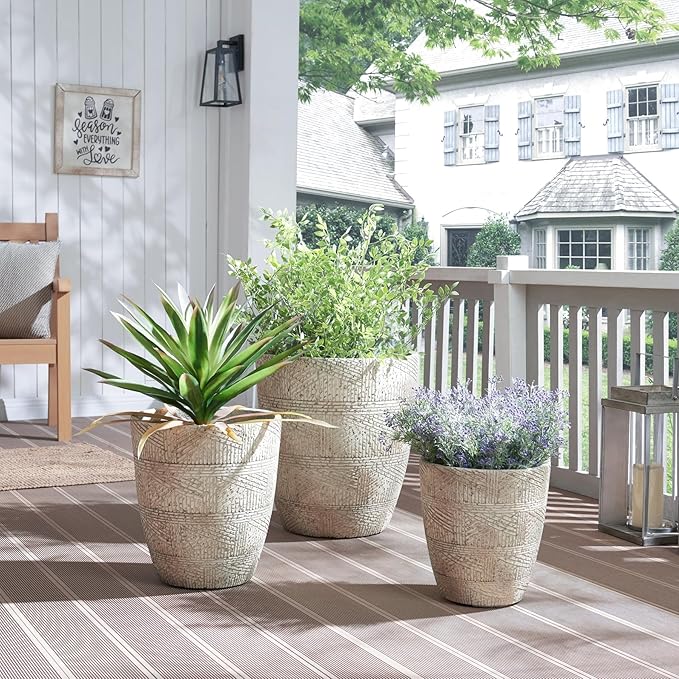 Wallowa 17.7"+13.8"+9.8" Dia Round Concrete Planter Set of 3, Large Indoor Outdoor Planter, Flower Pots with Drainage Holes and Sealing Plug for Garden, Patio, Home, Office Weathered Concrete Gray