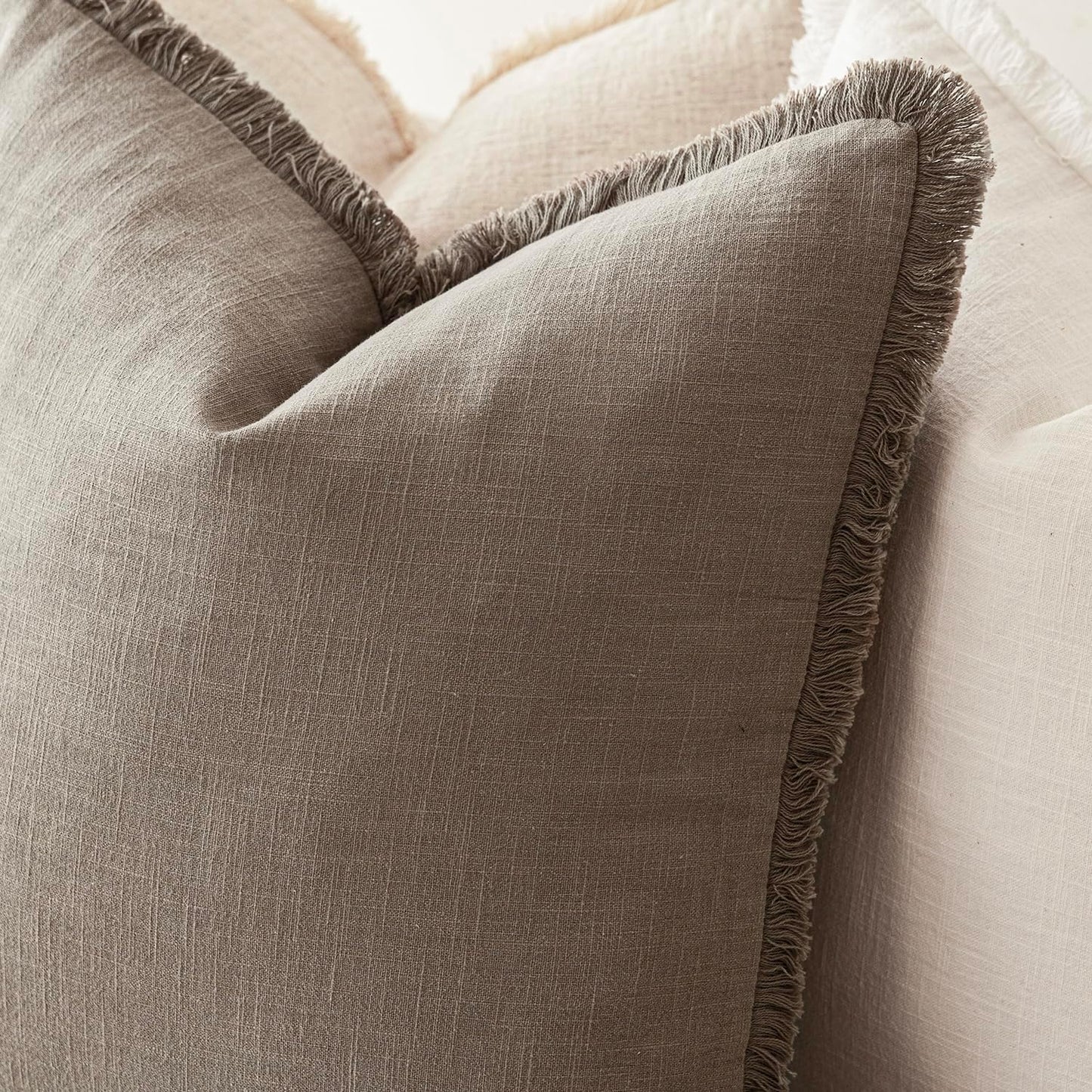 Foindtower Set of 2 Decorative Linen Fringe Throw Pillow Covers Boho Farmhouse Cushion Cover with Tassels Soft Accent Pillowcase for Couch Chair Sofa Bed Living Room Home Decor,24×24 Inch,Brown Tan