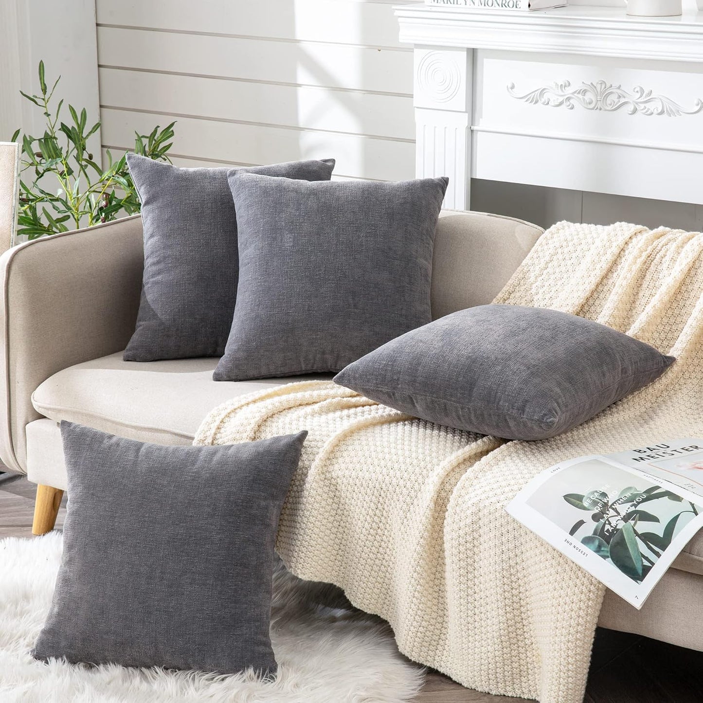 GAWAMAY Decorative Square Throw Pillow Covers 18"x18" Inch Set of 4, Super Soft Chenille Pillows Cover Fall Pillowcase for Living Room Bedroom Sofa Couch Cushion Cover Grey 45x45cm (No Insert)