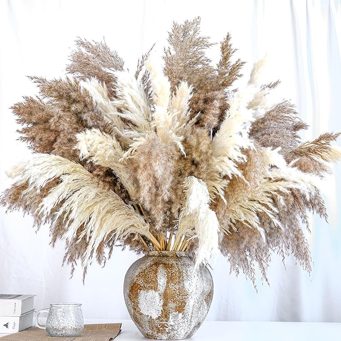 20 PCS Dried Flower, 30-inch Tall Nature Pampas Grass Bouquet Decor - Boho Flowers and Feathers for Centerpieces, Perfect for Tall Floor Vase Fillers, Living Room, and Wedding Decor(White, Natural)
