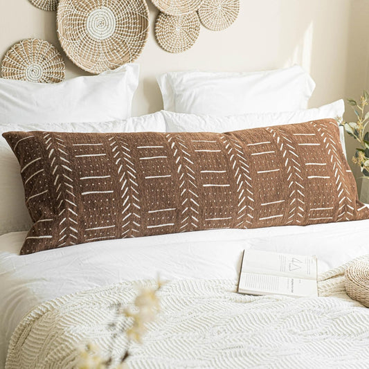 BlissBlush Fall Brown Soft Chenille Boho Body Pillow Cover 20x54, Decorative Oversized Long Lumbar Pillow, Boho Textured Oversize Body Pillow, Cover ONLY