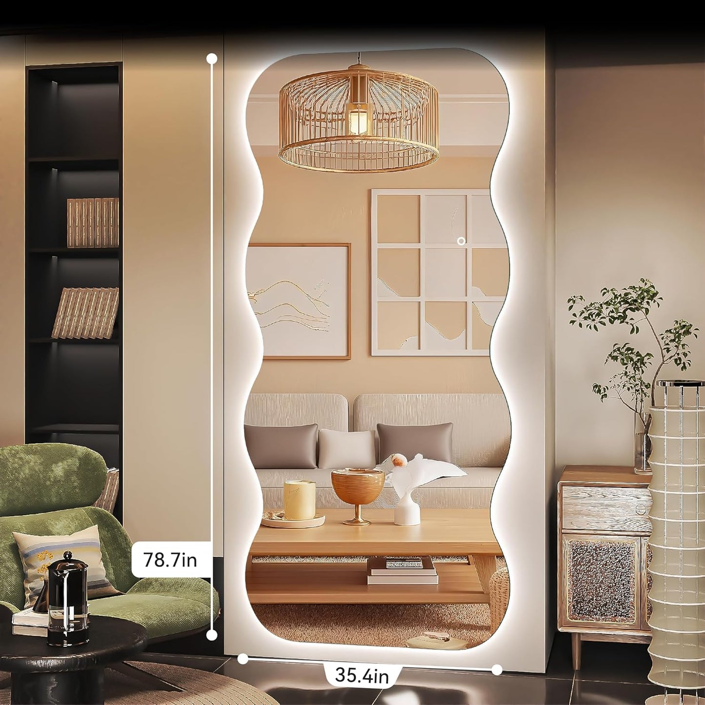 Hasipu Wavy Full Length Mirror with Lights - 79"×35" LED Wavy Floor Mirror, Frameless, Dimmable, Standing or Vertical/Horizontal Wall-Mounted Mirror for Bedroom, Living Room, Cloakroom