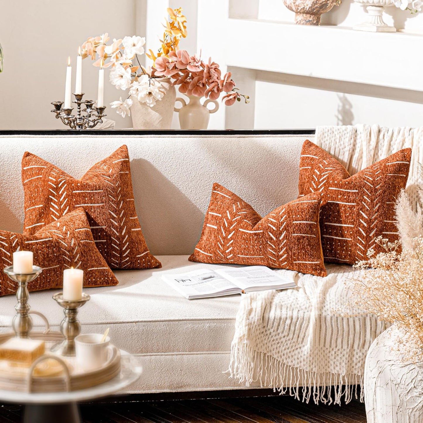 BlissBlush Fall Brick Red Decorative Lumbar Throw Pillow Covers 12X20, Set of 2, Rust Boho Farmhouse Cushion Cover, Soft Accent Pillowcase for Couch Sofa Bed Living Room Home Décor