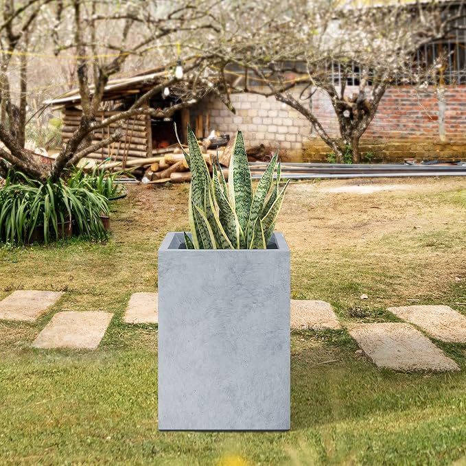 Kante 15.7" H Tall Rectangular Concrete Planters, Outdoor Indoor Lightweight Plant Pots with Drainage Hole and Rubber Plug, Modern Style for Home Garden Patio, Slate Gray