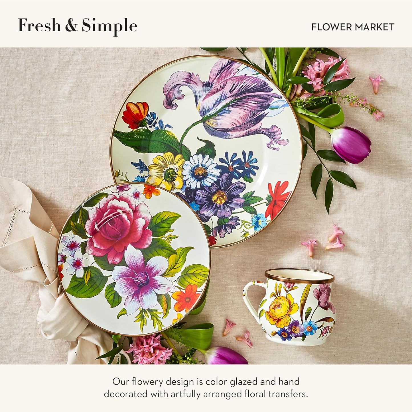 MACKENZIE-CHILDS Enamel Mug, Cute Enamelware Coffee and Tea Mug, Unique Drinkware, 16 Ounces, White Flower Market, Set of 4