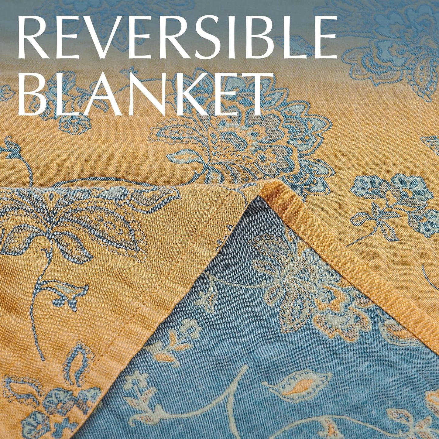 jinchan Boho 100% Cotton Muslin Twin Size 50x60 Inches Blanket Lightweight 4-Layer Quilted Soft Yellow and Blue Floral Throw Blanket Reversible Comfy Flower Breathable All Seasons Couch Bedroom Decor