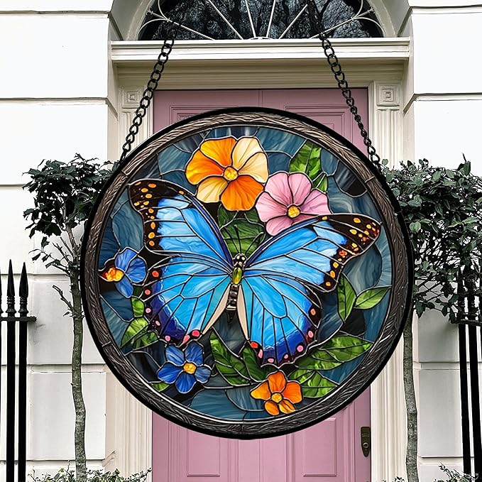 Stained Glass Window Hanging, Blue Butterfly Flower Suncatcher for Doors Home Sun Catchers Decoration and Christmas, Mother's Day Birthday Gifts for Women, Men, and Mom 11.8 in