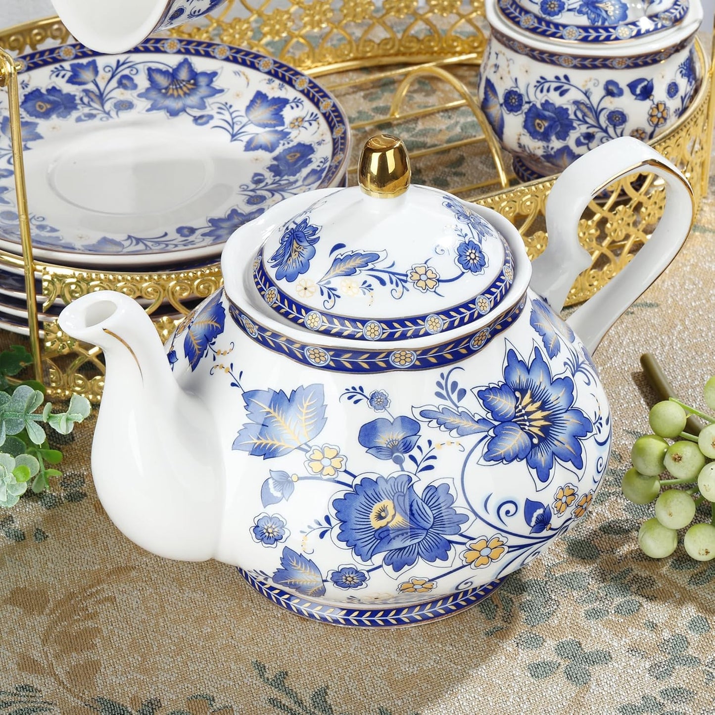 fanquare Porcelain Tea Sets,Blue British Coffee Cups& Saucer Service for 6, with Teapot,Sugar Bowl,Creamer Pitcher and Golden Metal Rack
