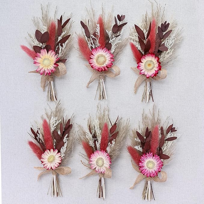 xin's convey Burgundy Mini Dried Flower Bouquet Set of 6, Small Pampas Grass, Groom's Corsage, Dinner Plate Decoration, Bridesmaid Proposal Gift Box Bouquet, Birthday Cake Vase Decoration. (Burgundy)