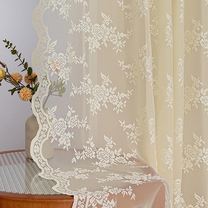 MEETSKY Lace Sheer Curtains 84 Inch Long 2 Panels Set Vintage French Victorian Spring Floral Pattern Design Light Filtering Back Tab Rod Pocket Drapes for Living Room, 50" W Each Panel, Light Yellow