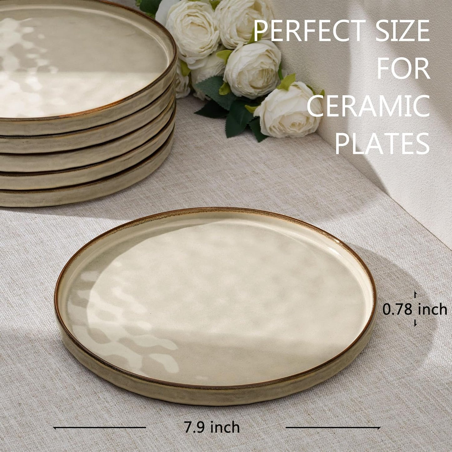 LIANYU 7.9 Inch Dessert Plates Set of 6, Ceramic Dinner Plates Dishes Set for Kitchen, Porcelain Serving Salad Plate, Chip & Scratch Resistant, Microwave, Oven and Dishwasher Safe, Sandy Beige