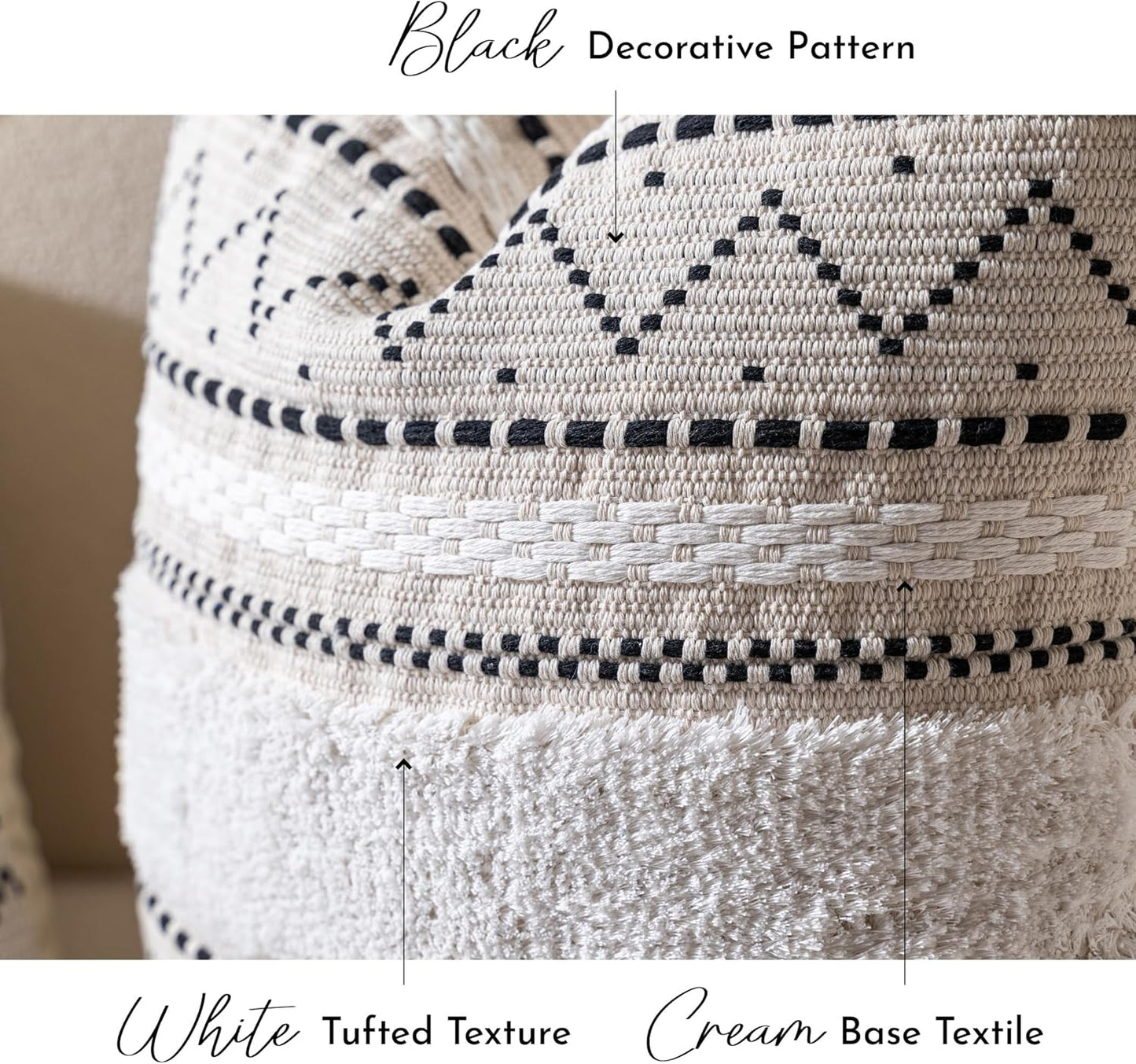 BlissBlush Decorative Throw Pillow Cover 18X18 Square Boho Black Neutral White Accent Pillowcase Tassels Farmhouse Cushion for Couch Sofa Bedroom Living Room Home Décor (Cover ONLY, Pack of 1)