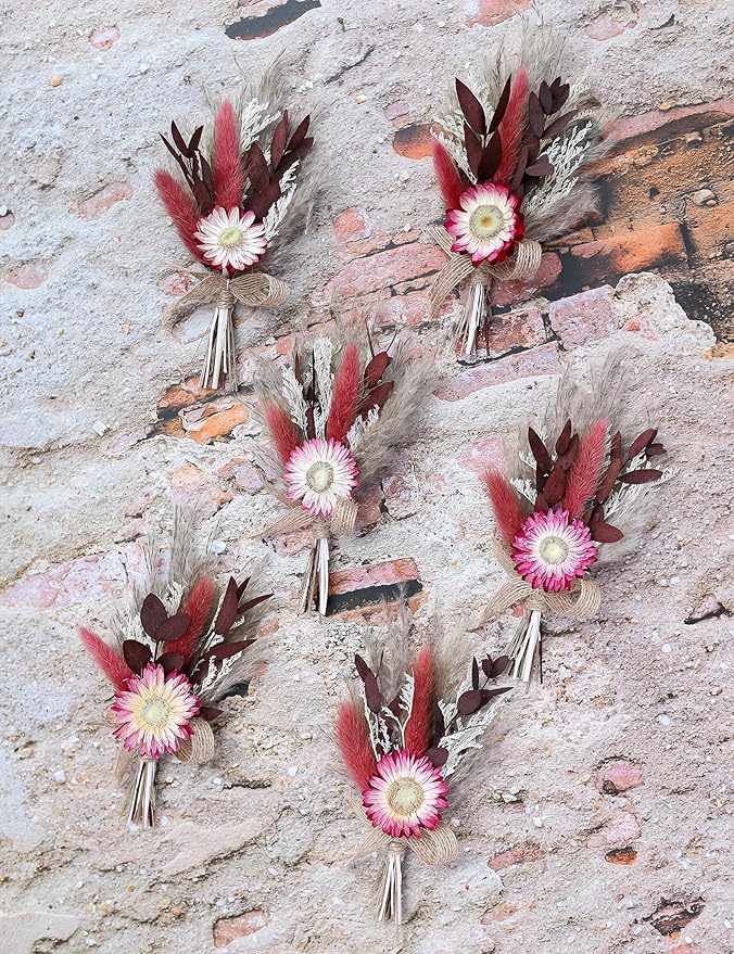 xin's convey Burgundy Mini Dried Flower Bouquet Set of 6, Small Pampas Grass, Groom's Corsage, Dinner Plate Decoration, Bridesmaid Proposal Gift Box Bouquet, Birthday Cake Vase Decoration. (Burgundy)