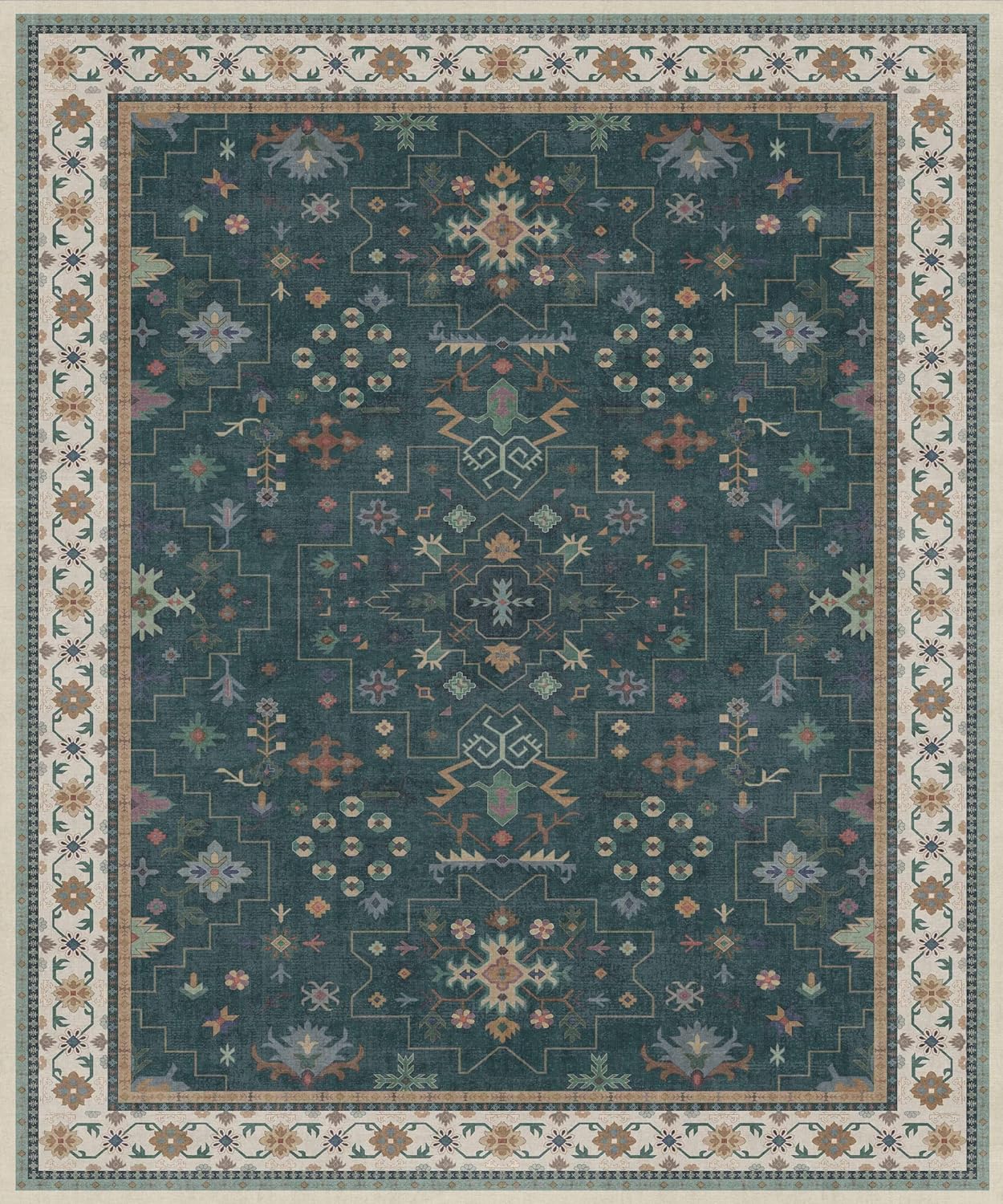 Dark Green Oushak Living Room Rug 10x12 - Modern Vintage Boho Eclectic Floral Pastel, Washable Low Pile Non-Slip Extra Large Area Rugs for Dining Under Table Bedroom Lounge