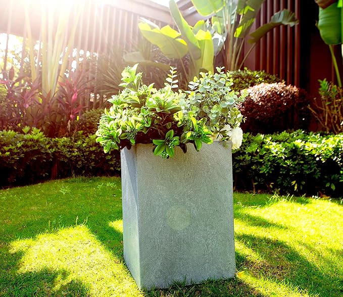 Kante 12.6" H Tall Rectangular Concrete Planters, Outdoor Indoor Lightweight Plant Pots with Drainage Hole and Rubber Plug, Modern Style for Home Garden Patio, Slate Gray