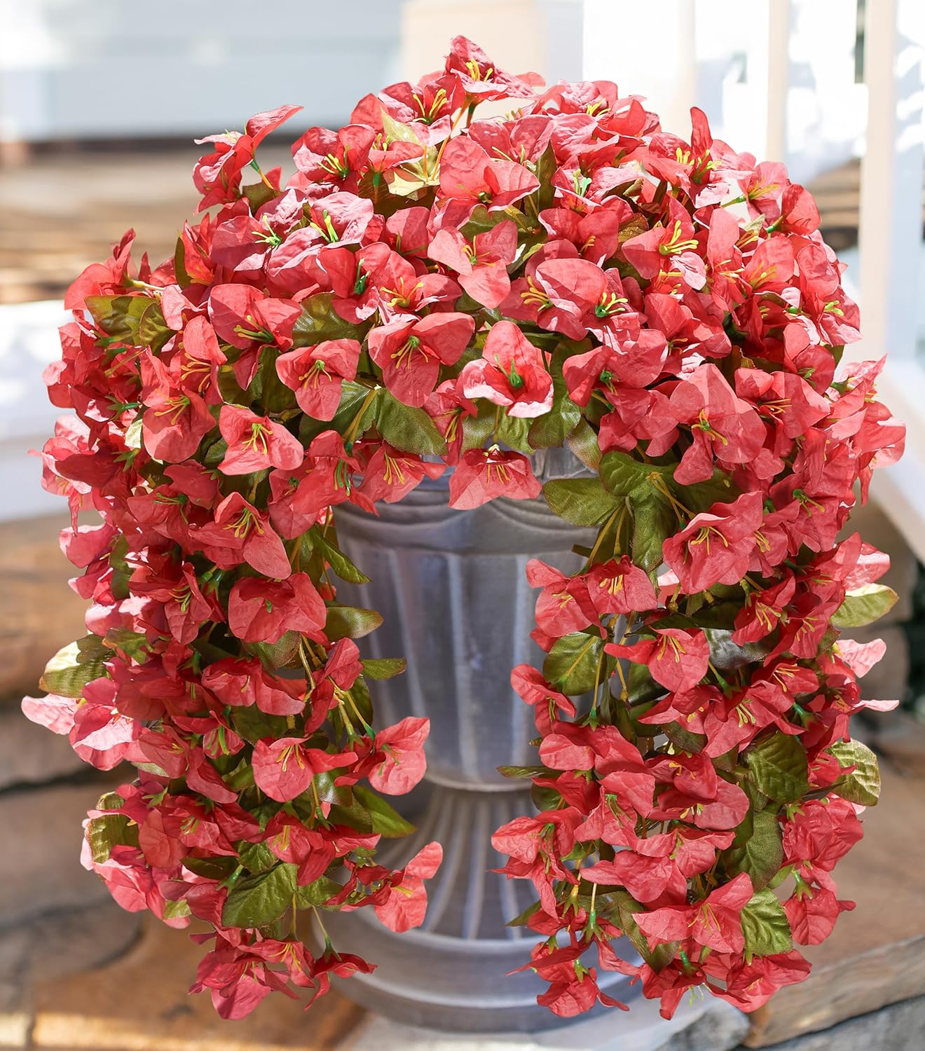 HyeFlora Bougainvillea Artificial Hanging Flowers Plants for Outdoors Winter Decoration, 2pcs Faux Bougainvillea Vines Red Fake Flowers Realistic UV Resistant Silk Flowers for Outside Planter Yard Urn