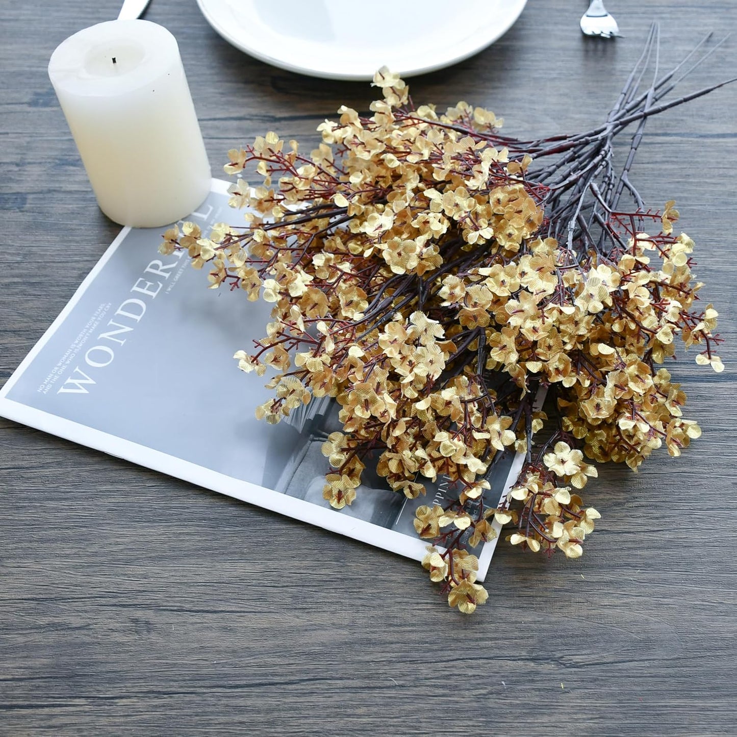 Mandy's Gold Artificial Baby’s Breath Flowers 15 Bundles Silk Gypsophila with Bendable Stems for Fall Centerpiece Wedding Decor and Table Arrangements