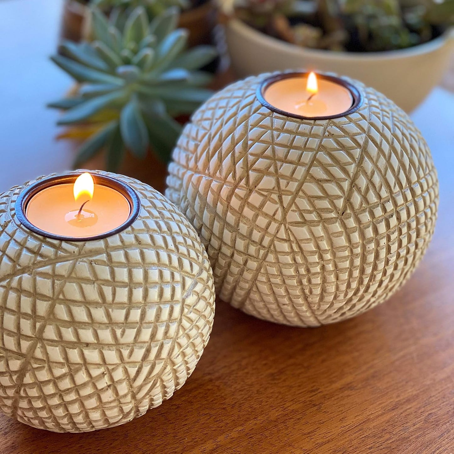 Luca Orb Tea Light Candle Holders (Gift Boxed Set of 2) Grid Pattern, Beige and White