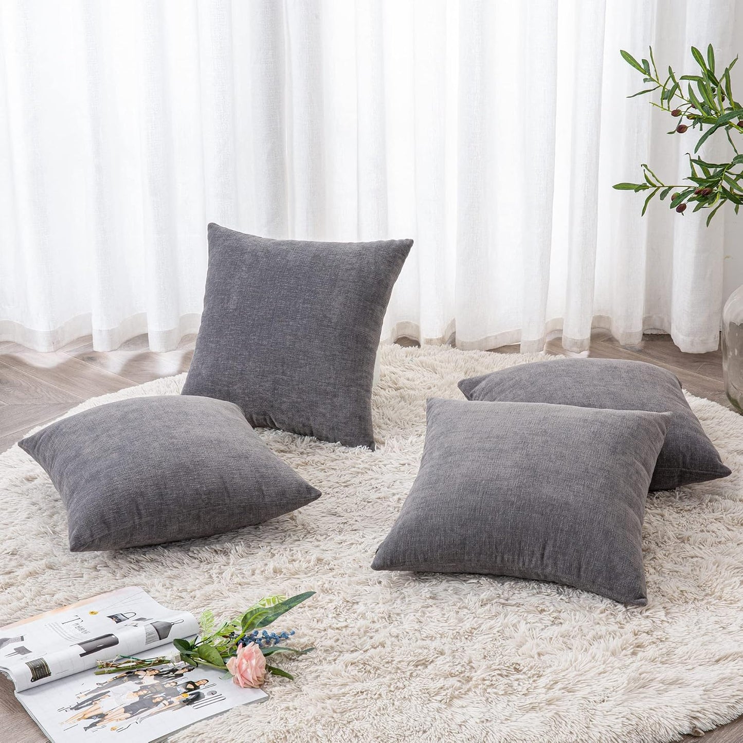GAWAMAY Decorative Square Throw Pillow Covers 18"x18" Inch Set of 4, Super Soft Chenille Pillows Cover Fall Pillowcase for Living Room Bedroom Sofa Couch Cushion Cover Grey 45x45cm (No Insert)