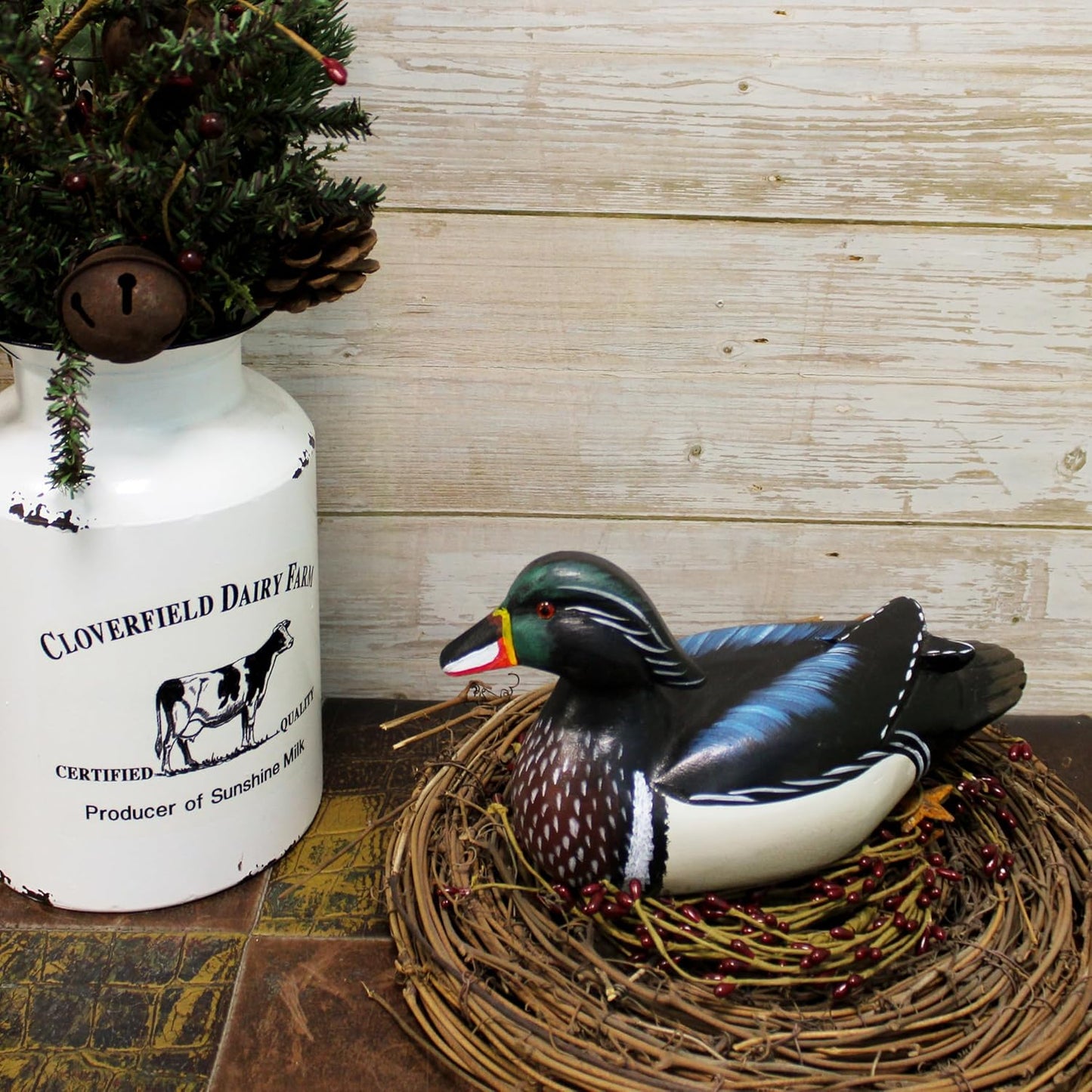 CVHOMEDECO. Primitives Hand Engraving and Painted Wood Wild Duck Farmhouse Figurine Mallard Decorative Accent, 10-1/2 Inch