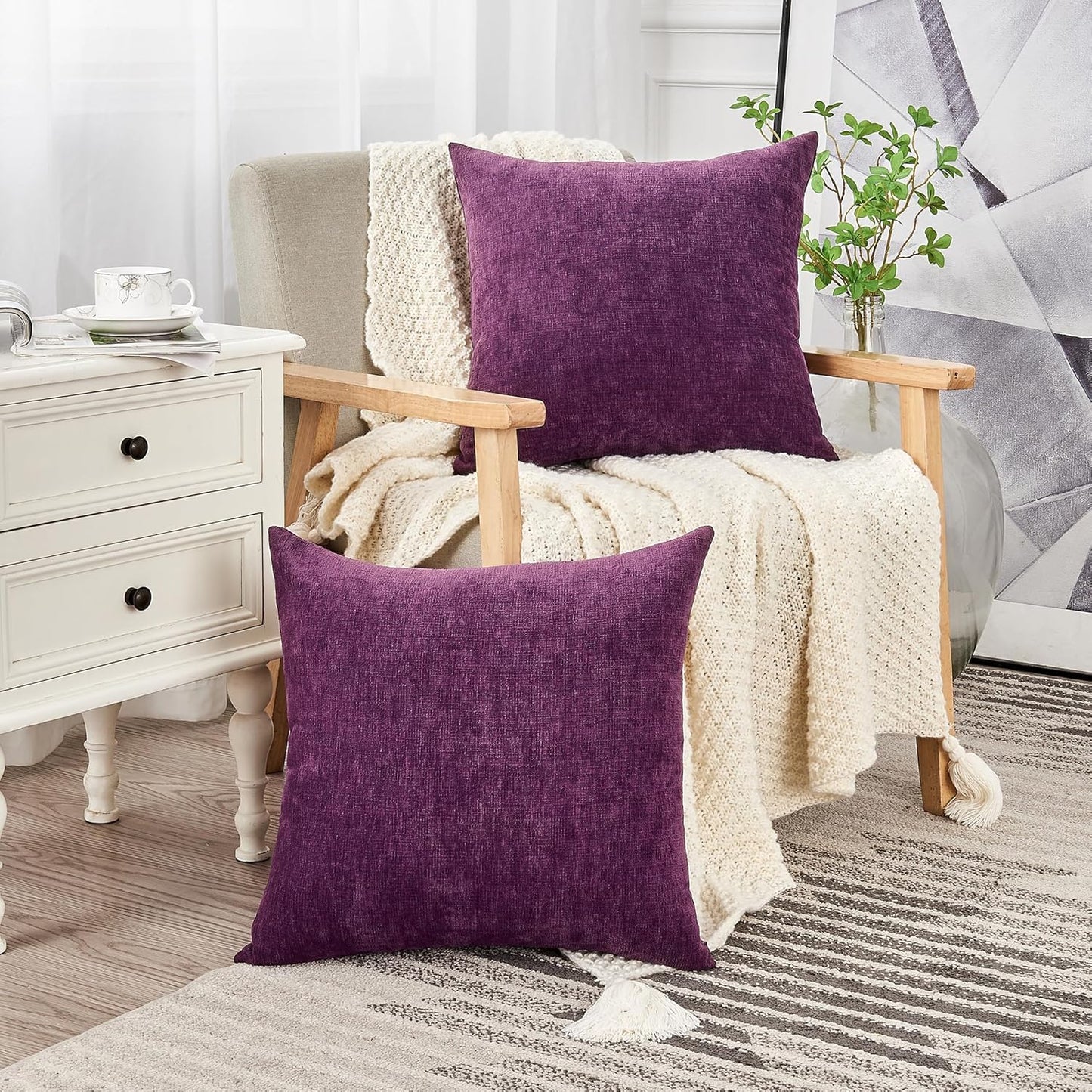 GAWAMAY Decorative Throw Pillow Covers 16x16 Inch Set of 2, Super Soft Chenille Square Pillows Farmhouse Fall Pillowcase for Living Room Bedroom Sofa Couch Cushion Cover Purple 40x40cm (No Insert)
