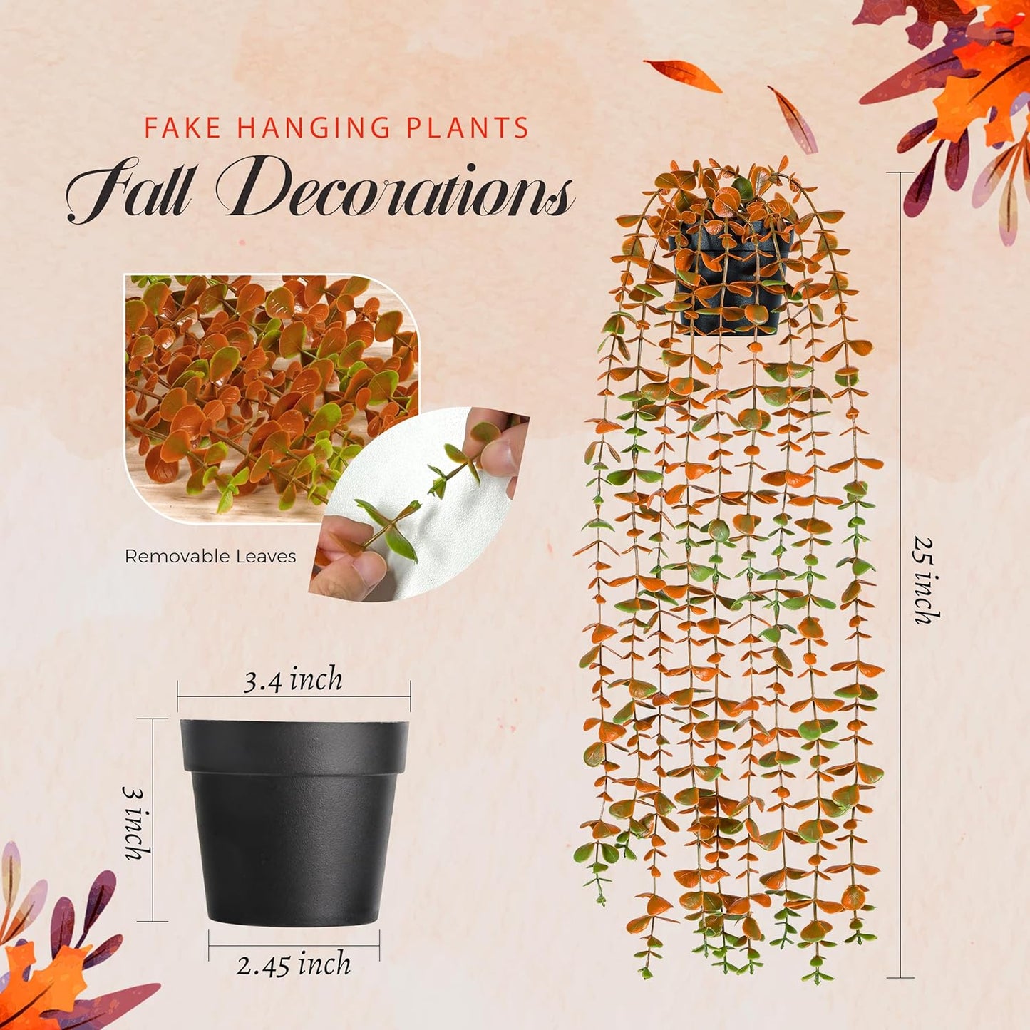 Der Rose 1Pcs Fake Fall Plants Hanging Orange Artificial Potted Faux Eucalyptus Plant Decorations for Fall Thanksgiving Bathroom Table Centerpiece Wall Kitchen Room Decor Indoor and Outdoor