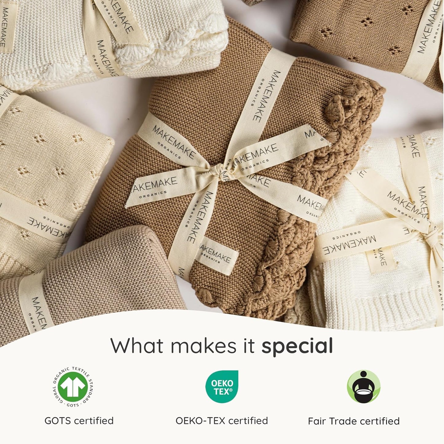 Makemake Organics Organic Cotton Throw Blanket GOTS Certified Organic Knit Blanket Couch Bed Neutral Fall Colors Soft Cotton Throw Blanket Large (50x60, Ivory)