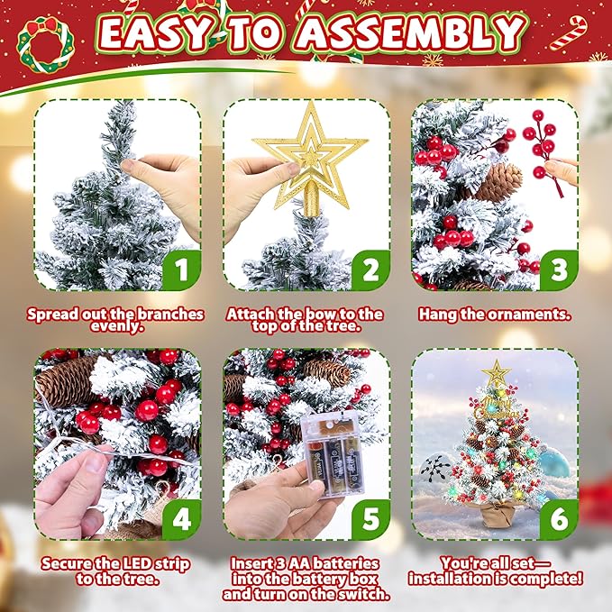 24 Inch Tabletop Christmas Tree with Colorful LED Lights, Snow Flocked Mini Xmas Tree with Ornaments, Pinecones, Berries, Burlap Pot Base, Battery Powered for Holiday Decor Office, Indoor Display