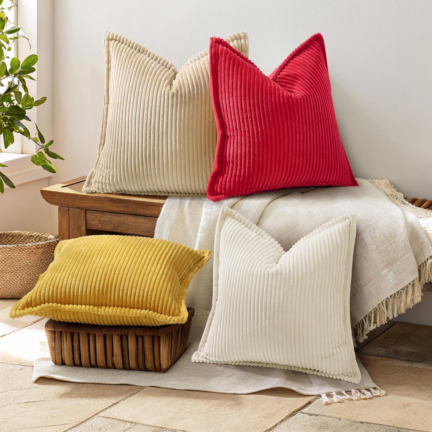 decorUhome Christmas Corduroy Red Throw Pillow Covers 26x26 Set of 2 Decorative Soft Boho Farmhouse Euro Couch Pillow Covers for Living Room Bed Sofa Broadside Striped Pillow Cases