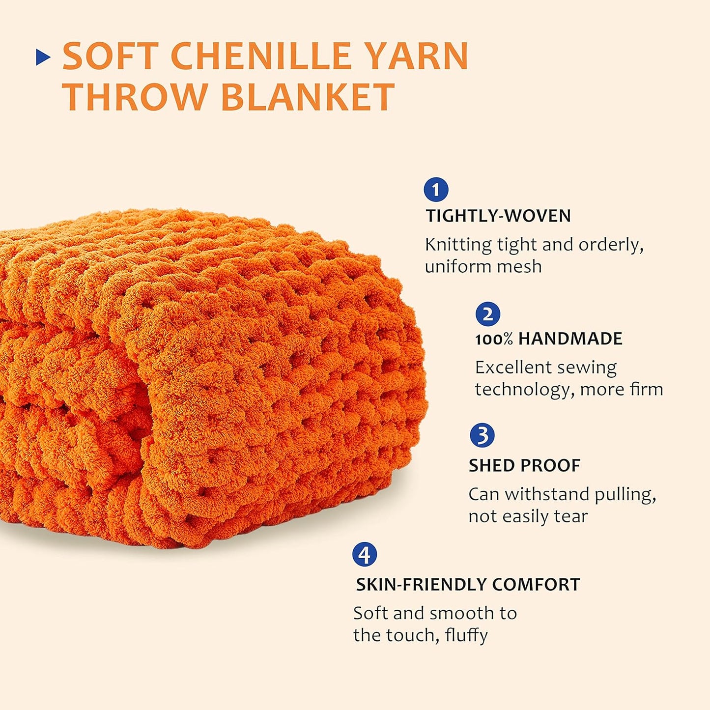 L'AGRATY Chunky Knit Blanket Throw: 30''x40'' Chenille Chunky Knitted Throw Blanket for Bed Couch - Handmade Thick Big Cable Knit Blankets - Large Crochet Rope Blankets for Home Decor(Orange)