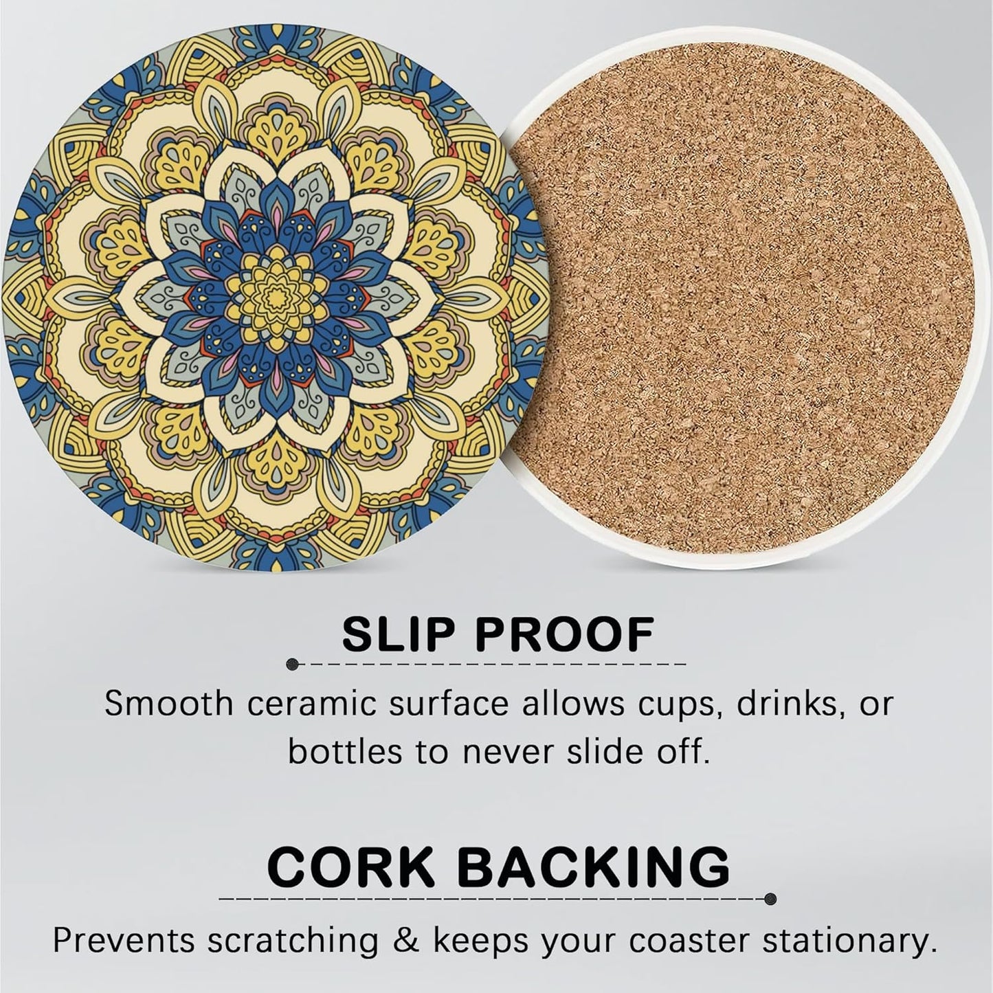 Mandala Set of 6 Coasters for Drinks Absorbing Round Ceramic Stone Coaster with Cork Base,Tabletop Protection Mat for Mugs and Cups,Office,Kitchen