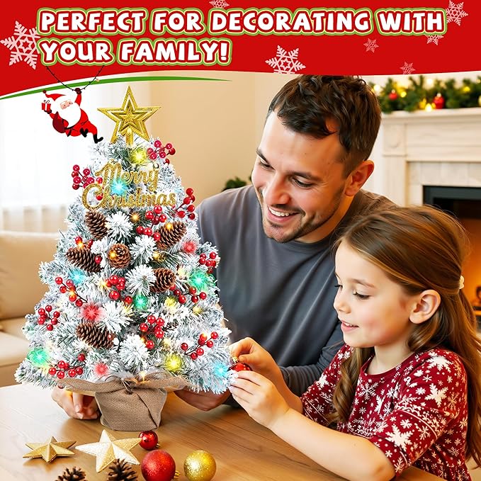 24 Inch Tabletop Christmas Tree with Colorful LED Lights, Snow Flocked Mini Xmas Tree with Ornaments, Pinecones, Berries, Burlap Pot Base, Battery Powered for Holiday Decor Office, Indoor Display