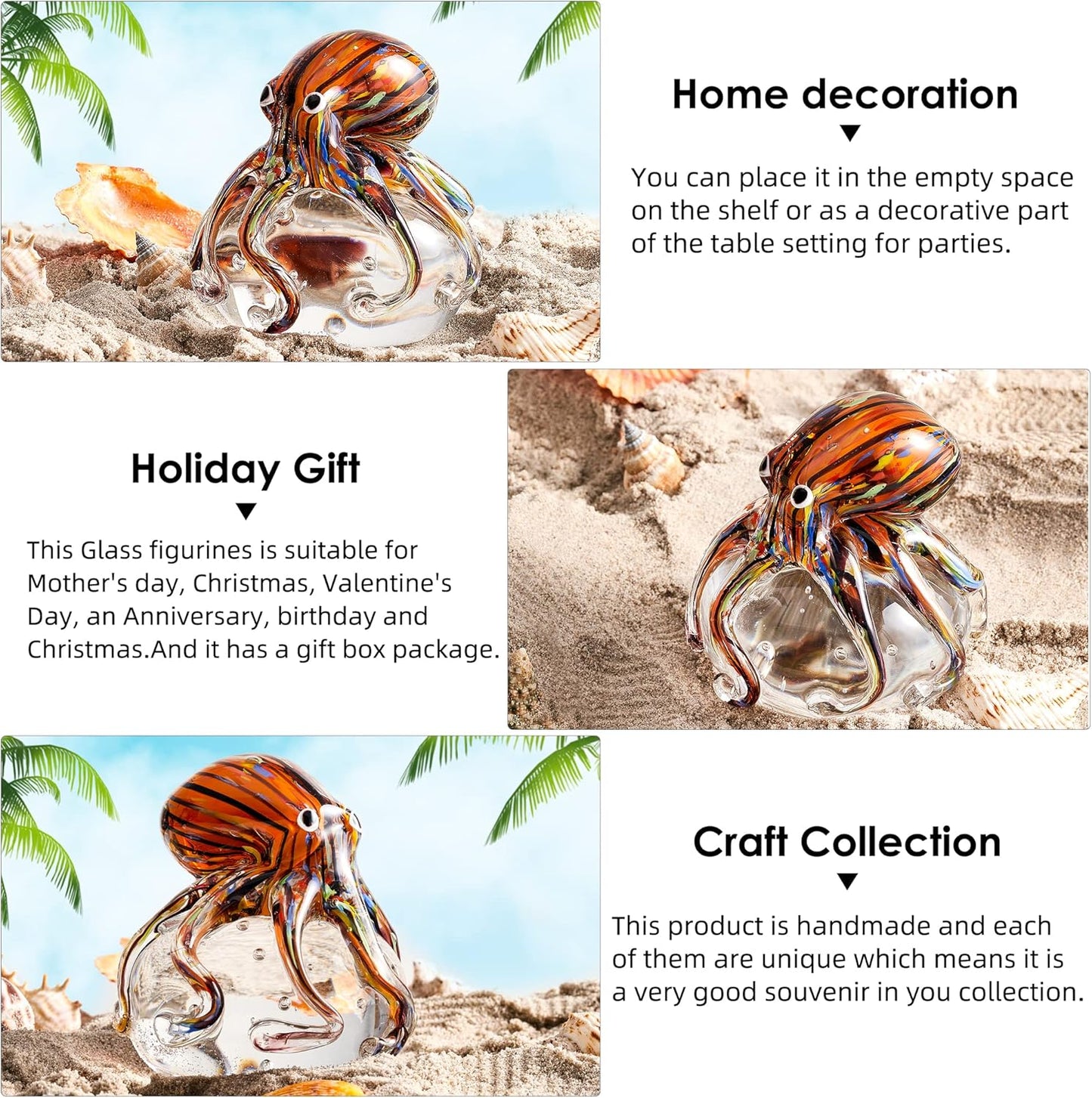 EUSTUMA Hand Blown Glass Octopus Figurine Ornament,Sea Animal Ornament for Fish Tank Aquarium,Sea Animals Collection for Birthday Gift,Glass Office Paperweight for Desk.