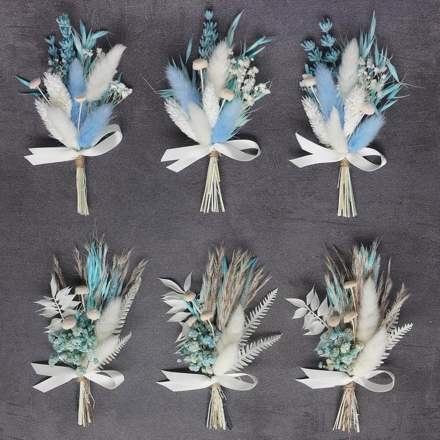 Mini Dried Flower Bouquet Set (6 pcs), Small Blue Bouquet, Boho Wedding Dinner Plate Decoration, Groom's and Best man's Boutonnieres, Bridesmaid Flower Girl Proposal Gift Box, Card Decoration. (Blue)