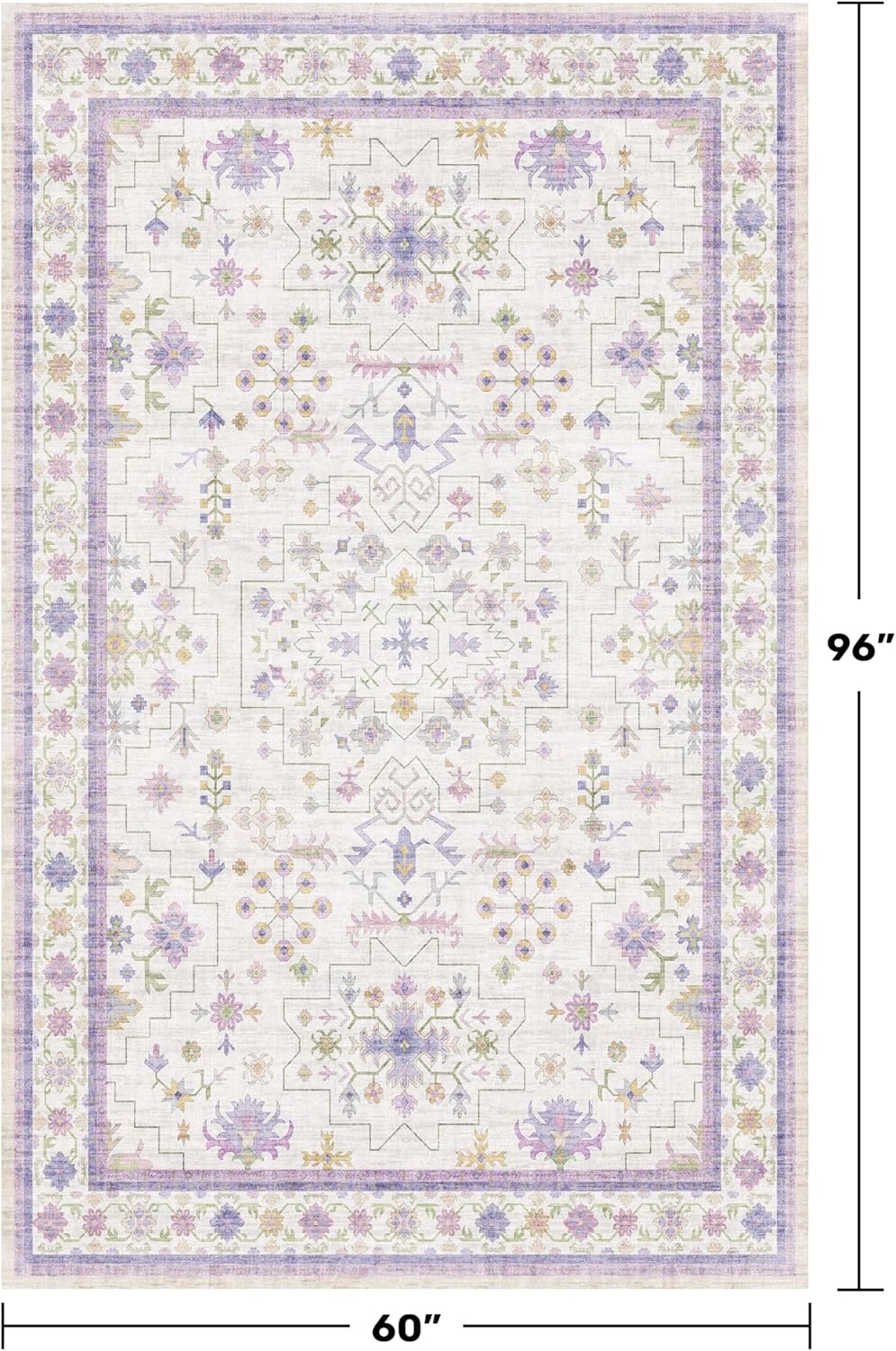 Light Purple Rug for Girls Bedroom, 5x8 Washable Floral Area Rug for Nursery Kids Room, Living Room, Lavender Dorm Decor, Non Slip Low Pile Pastel Foldable Carpet