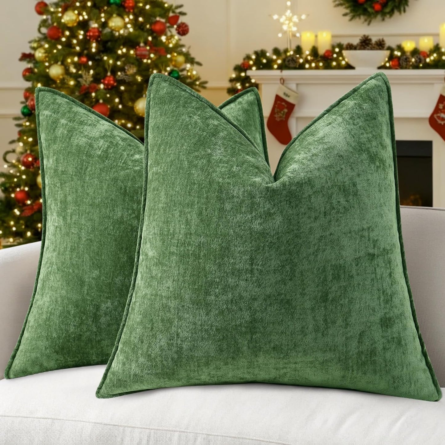 decorUhome Christmas Couch Throw Pillow Covers 18x18 Set of 2, Decorative Soft Euro Neutral Chenille Pillow Covers with Elegant Design for Sofa Bed Living Room Home Decor, Moss Green