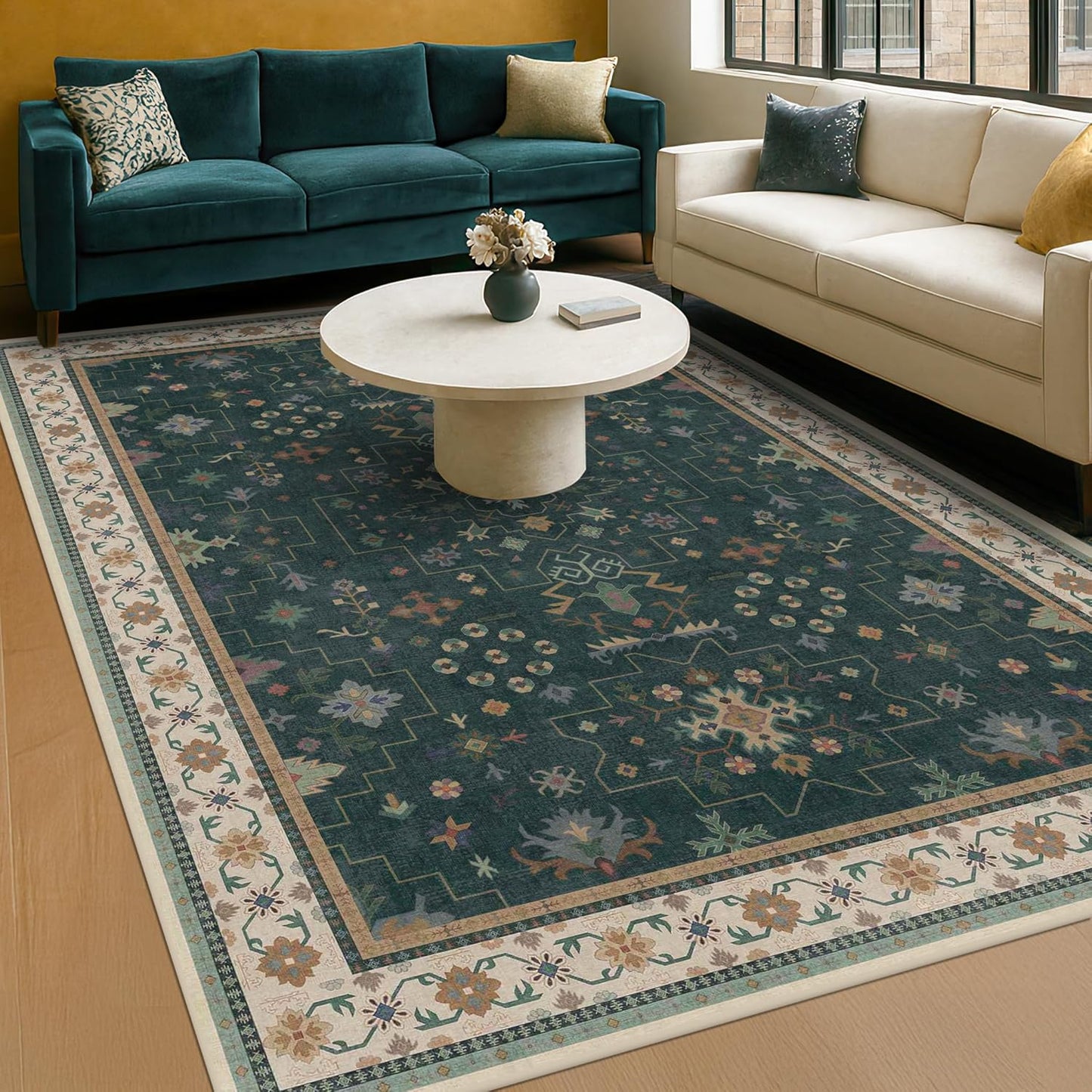 Dark Green Oushak 5x8 Living Room Rug - Modern Vintage Boho Eclectic Floral Pastel, Washable Low Pile Non-Slip Large Area Rugs for Nursery Dining Under Table Bedroom Lounge