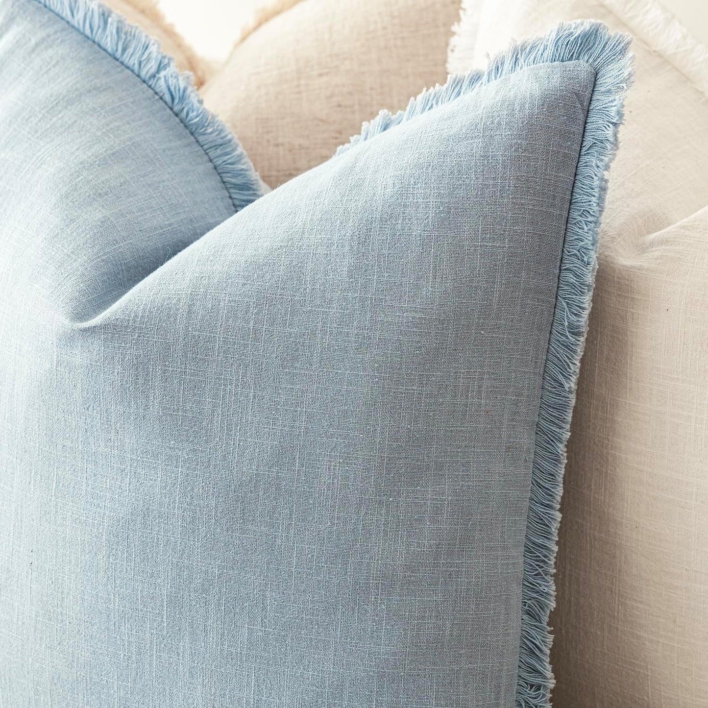 Foindtower Decorative Linen Fringe Throw Pillow Covers Cozy Boho Farmhouse Cushion Cover with Tassels Soft Accent Pillowcase for Chair Sofa Bed Living Room Home Decor, 20×20 Inch,1PC,Sky Blue