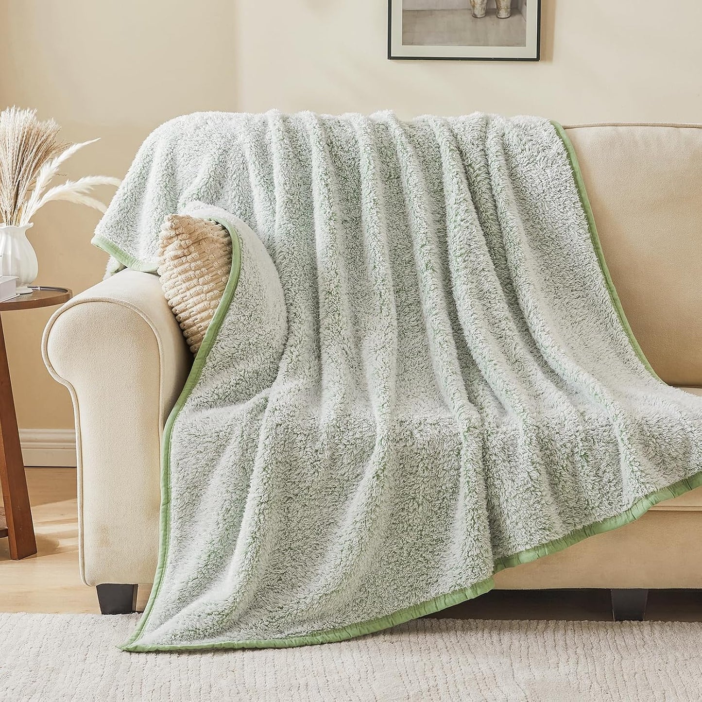 EMME Soft Sherpa Fleece Blanket Reversible Plush Fluffy Large Blanket, Light Weight Warm Decorative Boho Blanket Cover for Sofa, Couch, Bedroom,Travel(Plush Sage,50"x60")