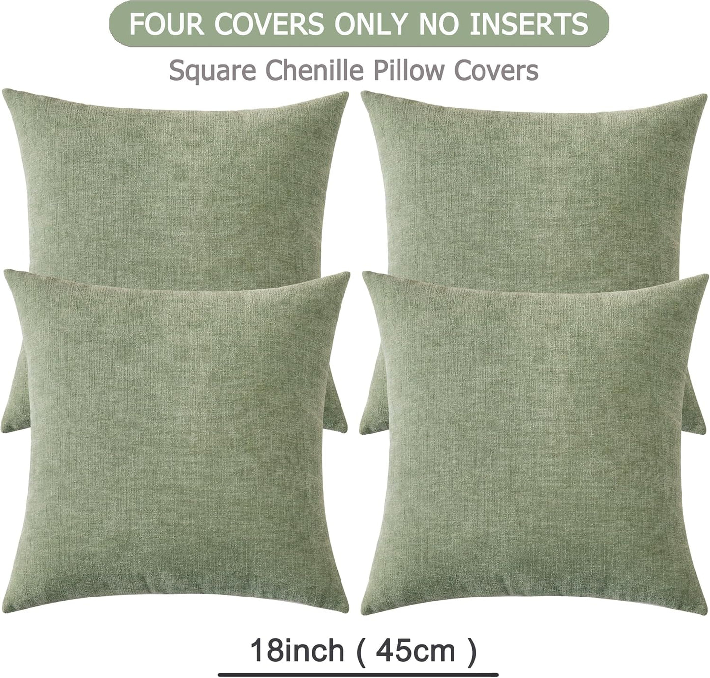 GAWAMAY Decorative Square Throw Pillow Covers 18"x18" Inch Set of 4, Super Soft Chenille Pillows Farmhouse Fall Pillowcase for Living Room Bedroom Sofa Couch Cushion Cover Sage Green 45x45cm