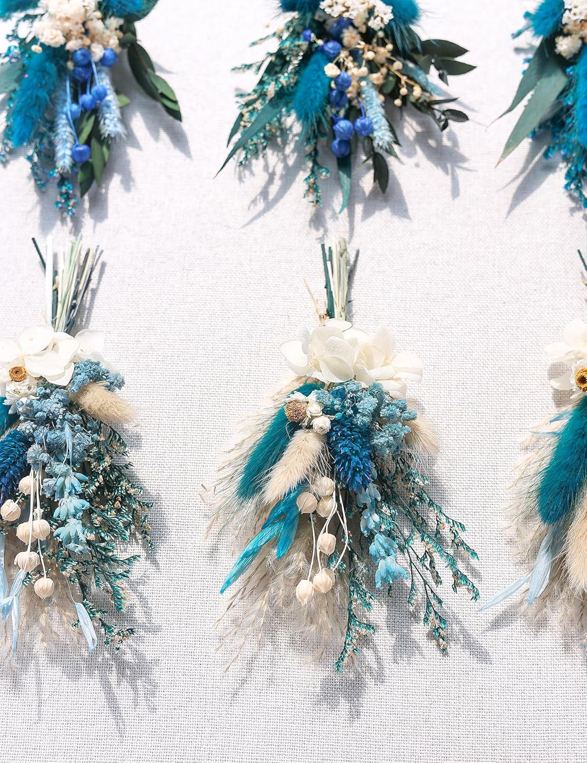 Mini Dried Flower Bouquets (Pack of 6), Blue DriedFlower Bouquets, Groomsmen and Groomsmen Boutonnieres, Dried Cake Flowers, Wall Decorations, Dried Card Flowers. (Grey Blue)