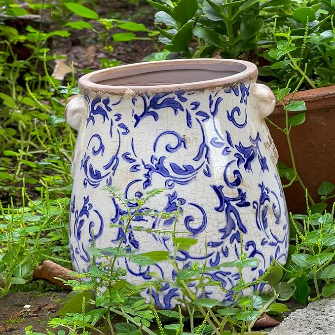 Vintage Blue Ceramic Ice Crack Glaze Flower Pot with Drainage Holes and With Handle, Country Rustic Planters for Indoor and Outdoor,Tuscan Decor,Home,Living Room, Garden Decor, Gardening Gift (Blue)
