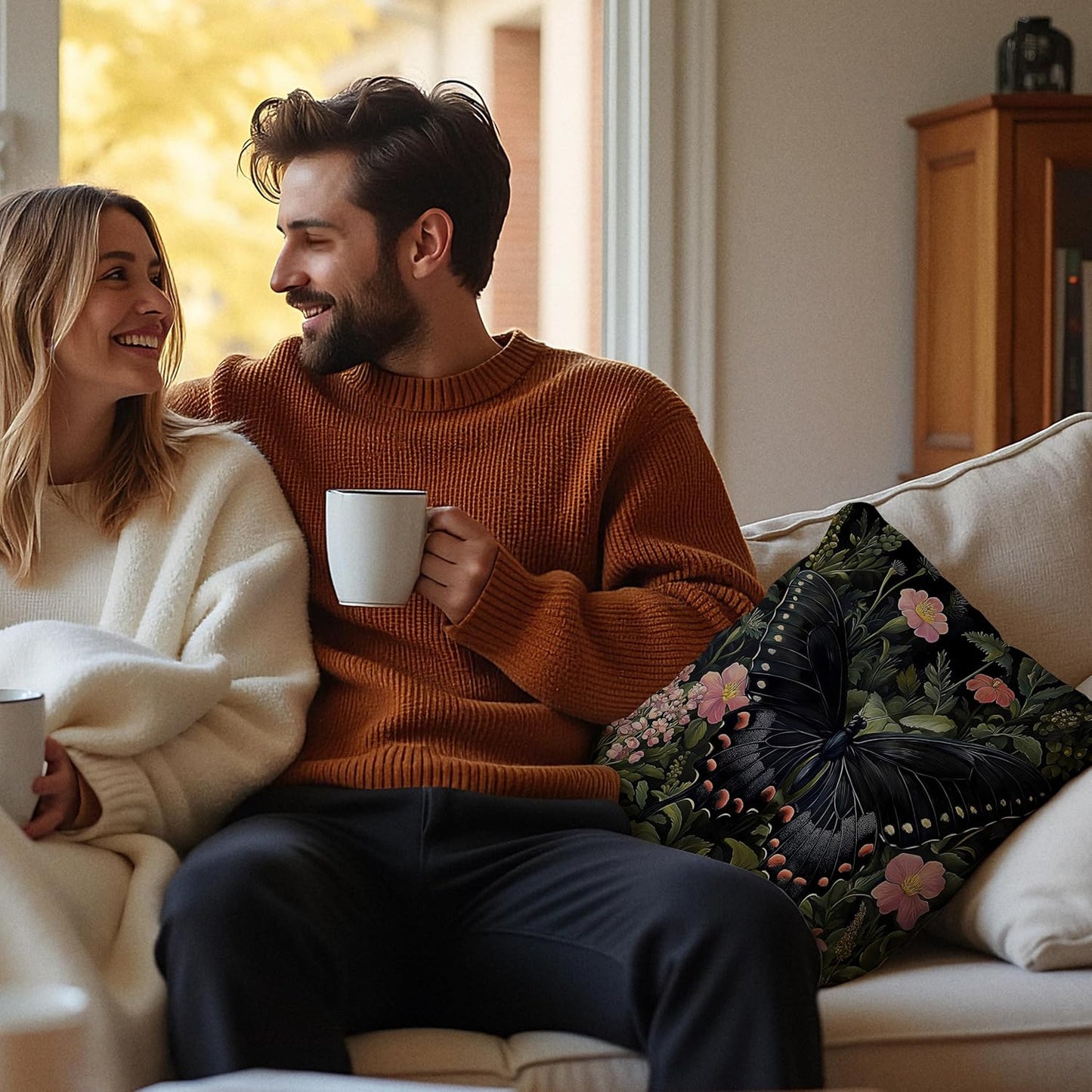 Floral Black Butterfly Pillow Covers 18x18, Dark Cottagecore Wildflower Botanical Moth Decorative Throw Pillow Covers for Bedroom Living Room Home, Butterfly Room Decor