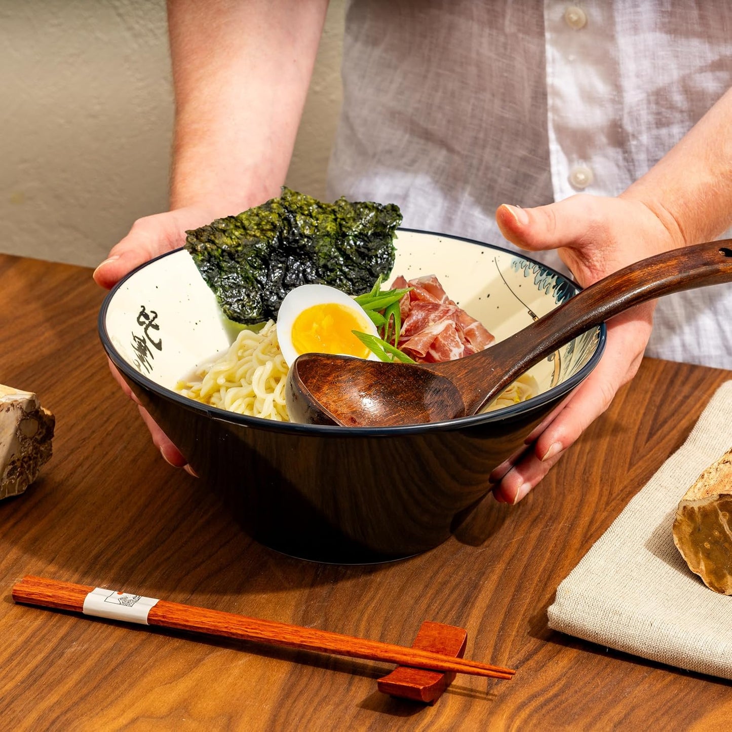 Japanese Ramen Bowl Set with Great Wave Design - 60oz Large Ceramic Bowls, Spoons, Chopsticks for Ramen, Pho, Salad, Poke - Premium Gift for Ramen Lovers - Microwave & Dishwasher Safe
