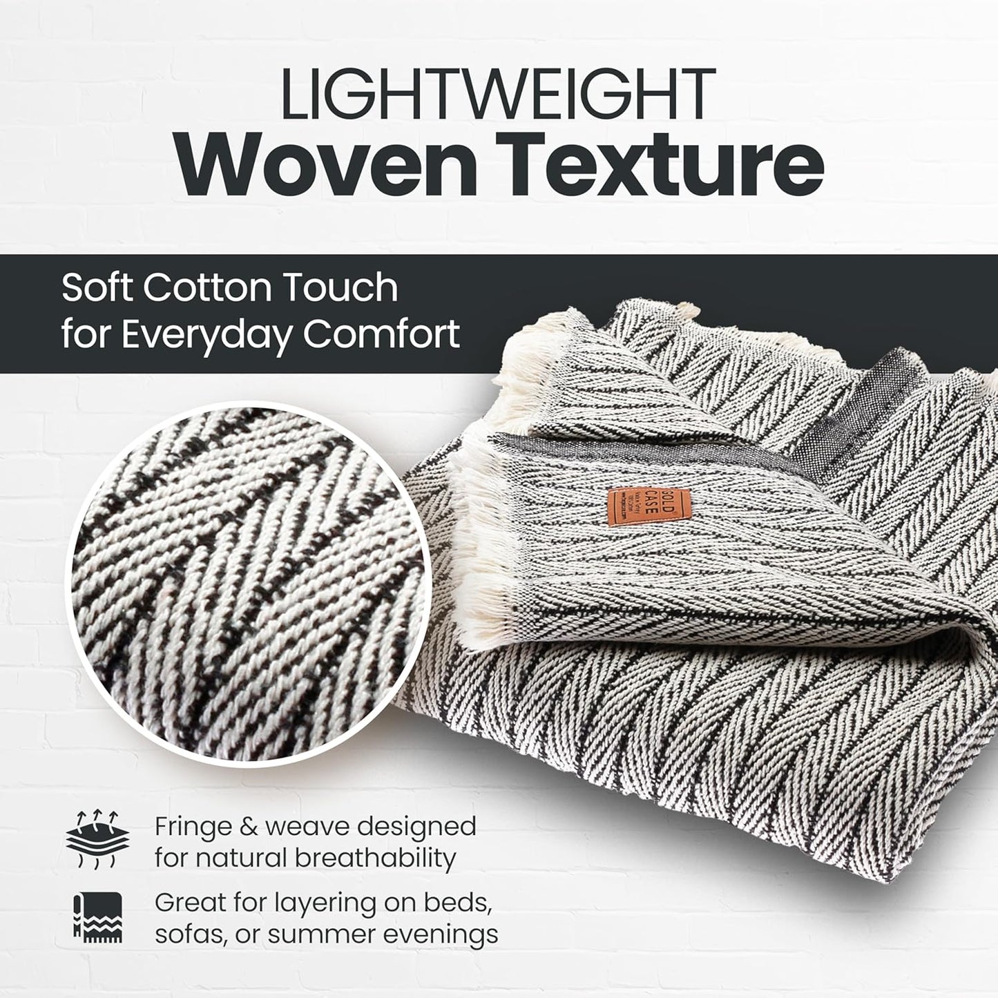 Gold Case Throw Blanket for Couch - 100% Recycled Turkish Cotton Blankets & Throws - Vintage Soft Throw Blankets for Living Room - Boho Decorative Woven Couch Blanket - 60x80 - Black