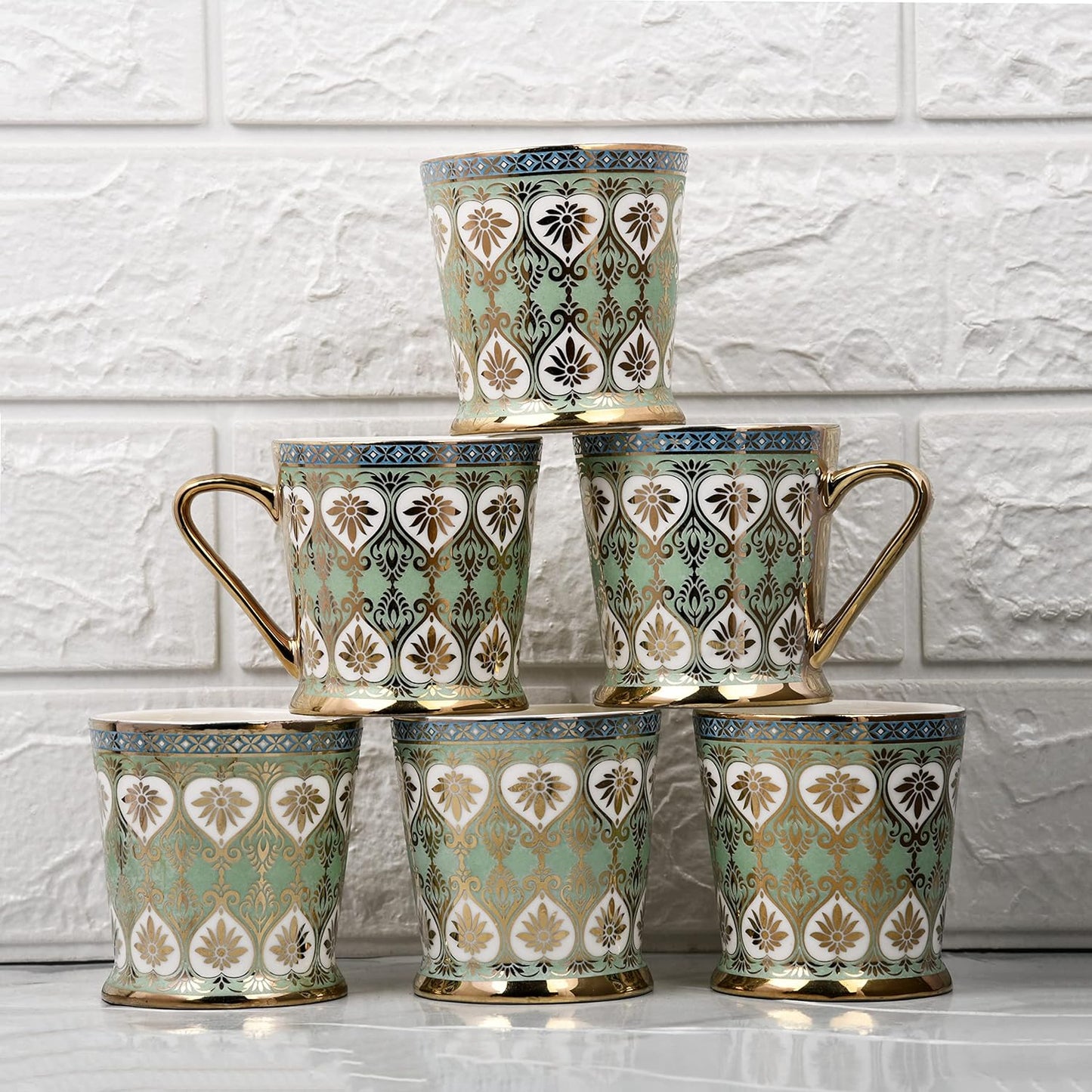 Handcrafted Ceramic Coffee Mugs - Indian Golden Tea Set of 6 (5.5 oz), Cappuccino & Latte Cups, Porcelain Tea Set