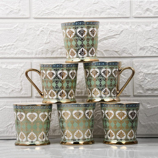 Handcrafted Ceramic Coffee Mugs - Indian Golden Tea Set of 6 (5.5 oz), Cappuccino & Latte Cups, Porcelain Tea Set